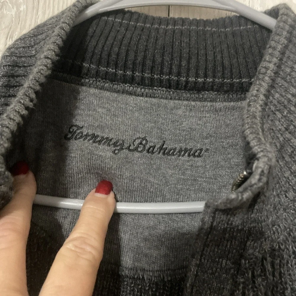 Tommy Bahama Sweater Mens Large Blue Gray Reversible 1/4 Zip Cotton Casual‎ FLAW